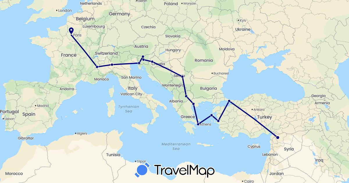 TravelMap itinerary: driving in France, Greece, Croatia, Italy, Macedonia, Serbia, Slovenia, Syria, Turkey (Asia, Europe)